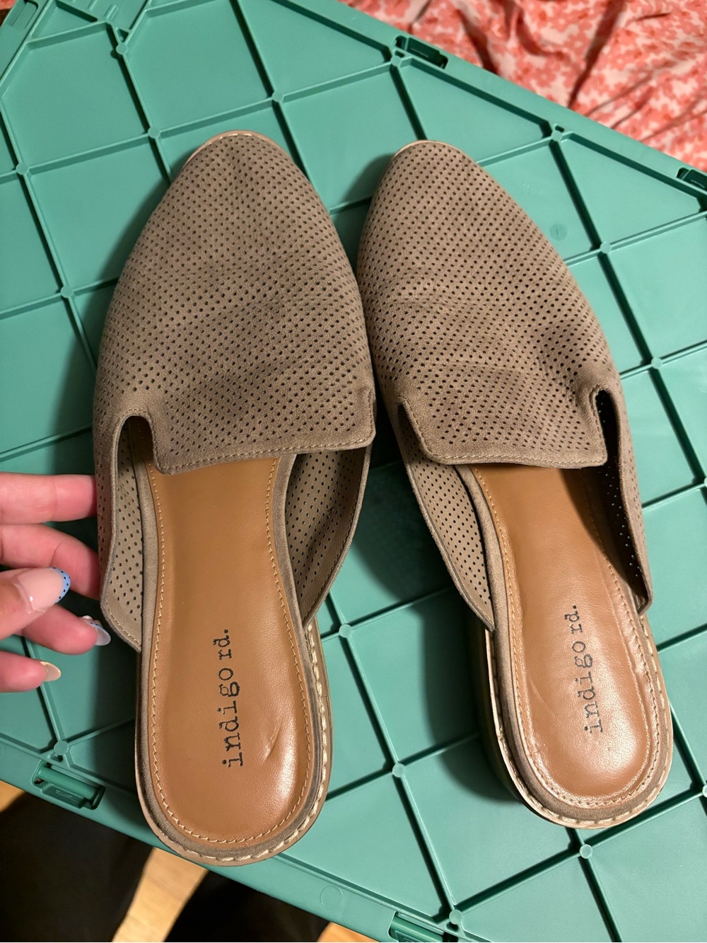 Indigo Taupe Perforated Slide Mules